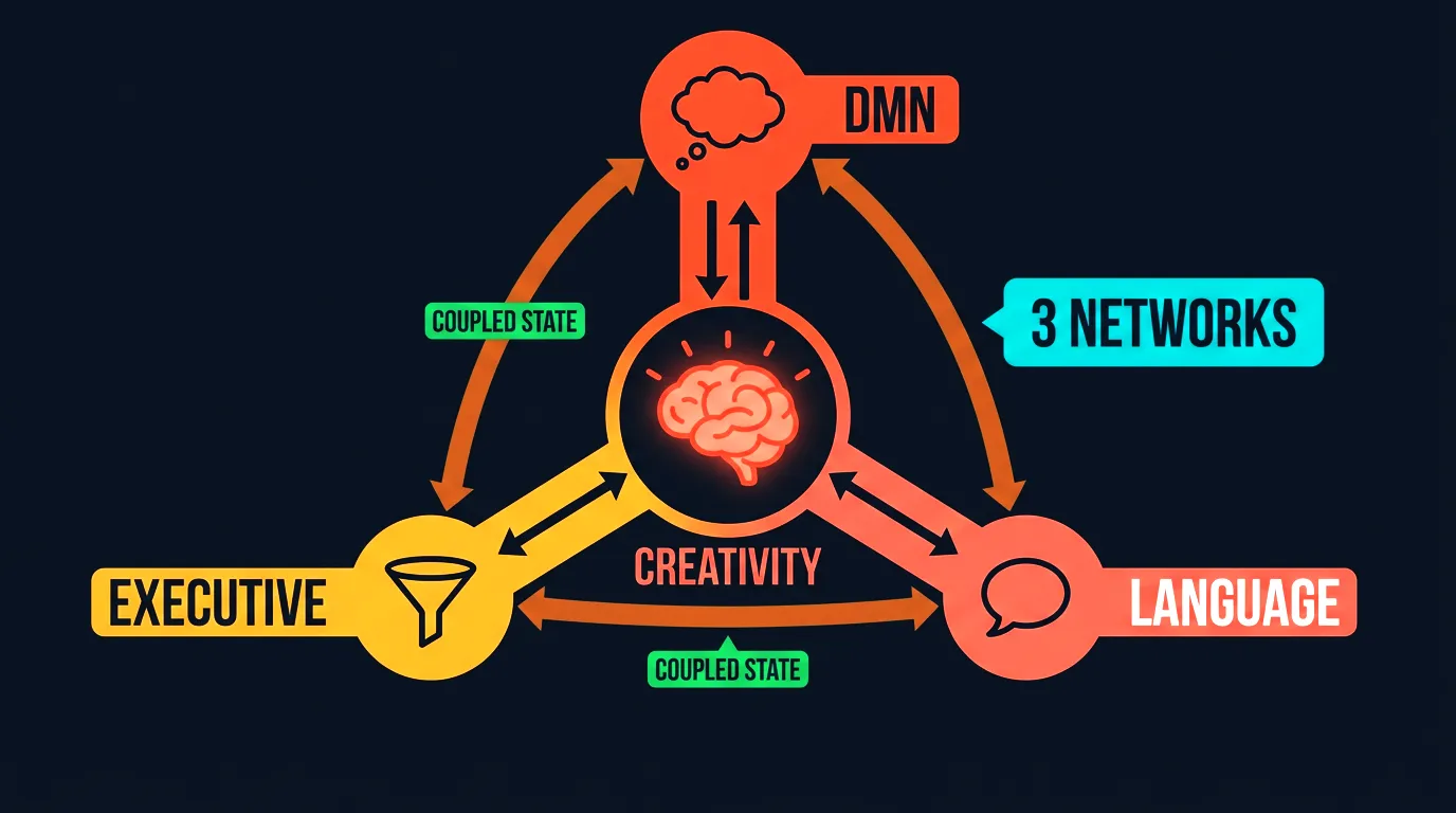 Your brain's hidden creative network showing three networks firing together during creative thinking