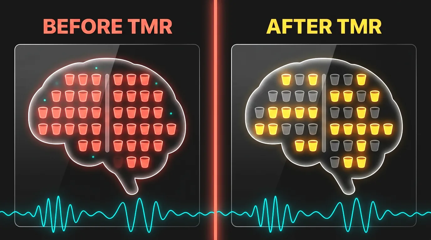 Infographic showing how audio cues during sleep weaken negative memories and strengthen positive ones