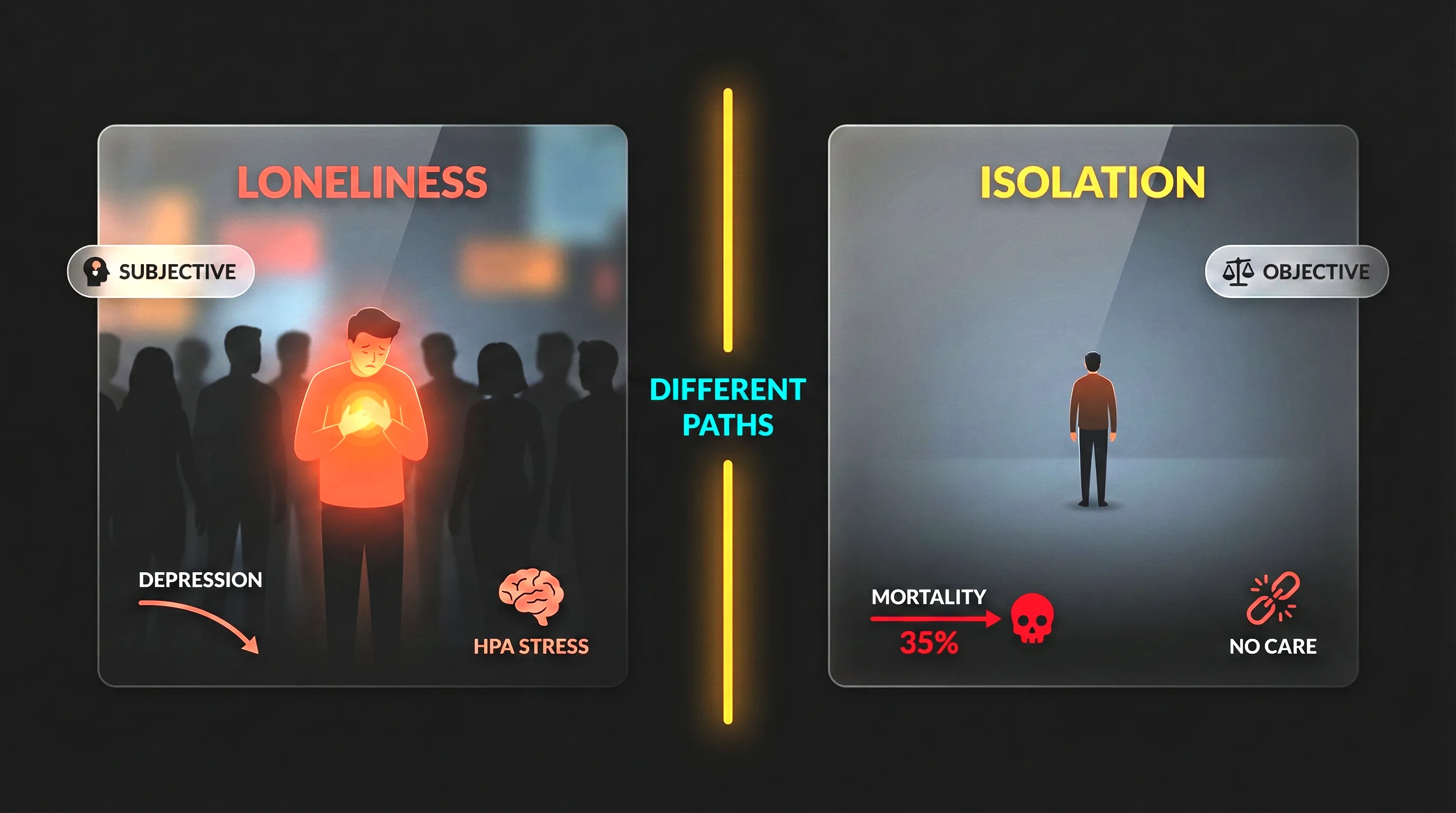 Visual comparison showing the difference between loneliness and social isolation as distinct constructs