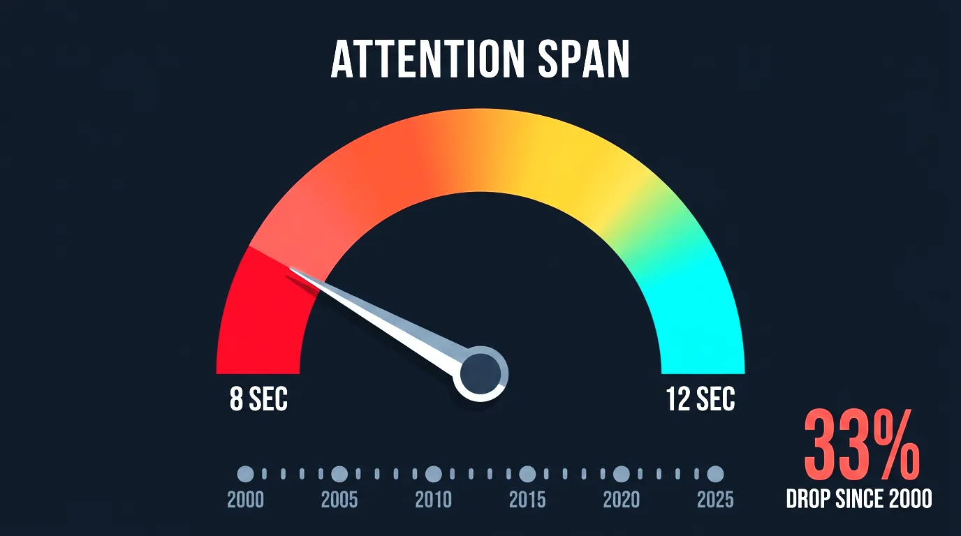 Attention span decline from 12 seconds in 2000 to 8 seconds today and how social media drives the collapse