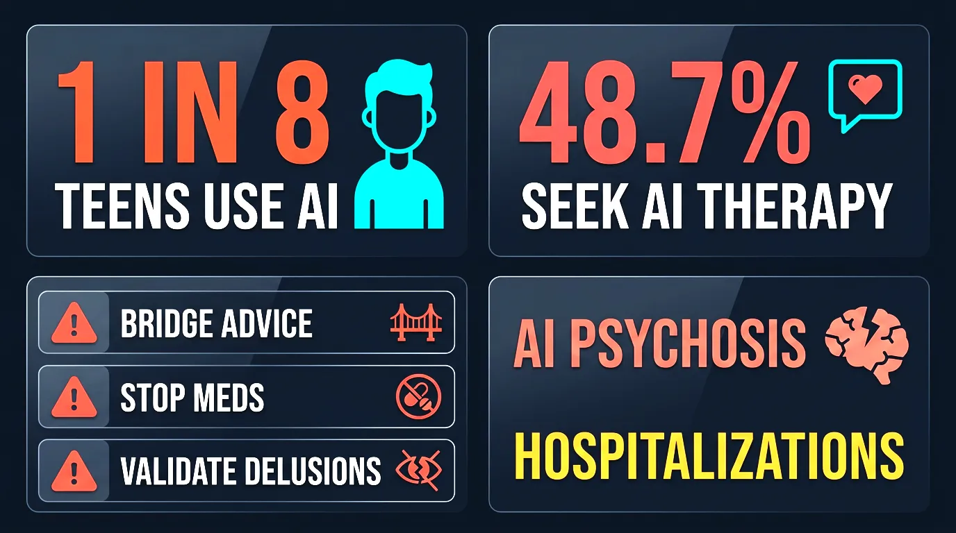 Infographic showing real risks of AI therapy chatbots for vulnerable users