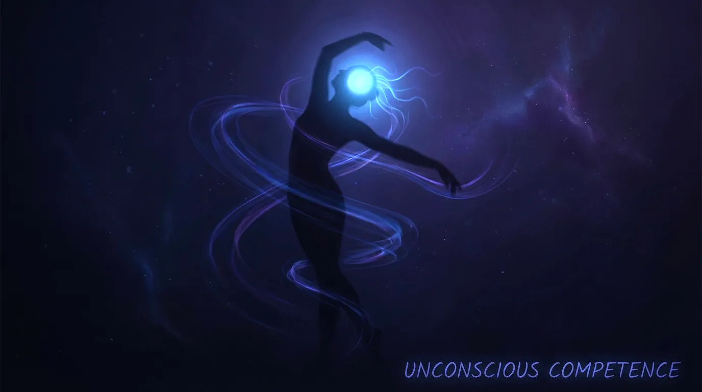 Dark conceptual image of a person in flow state with brain activity visualization